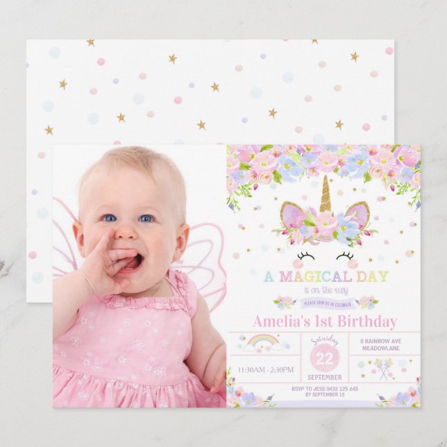 Unicorn 1st Birthday Invitation Floral Rainbow (Front/Back)