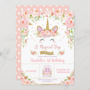 Unicorn 1st Birthday Invitation Floral Whimsical