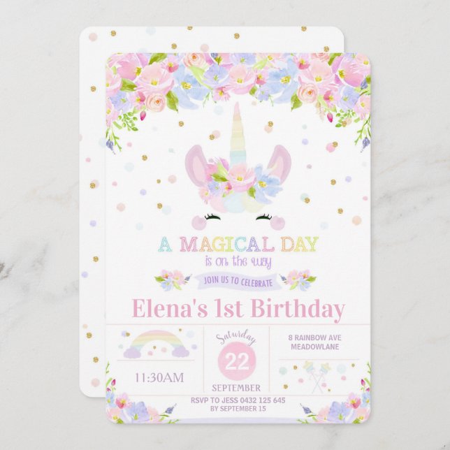 Unicorn 1st Birthday Invitation Rainbow Floral (Front/Back)