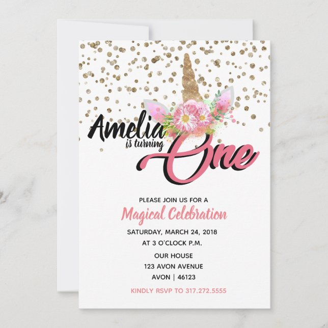 Unicorn 1st Birthday Invitations (Front)
