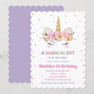 Unicorn 1st Birthday Invitations Girls Floral