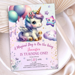 Unicorn 1st Birthday Invite Girl Purple & Gold