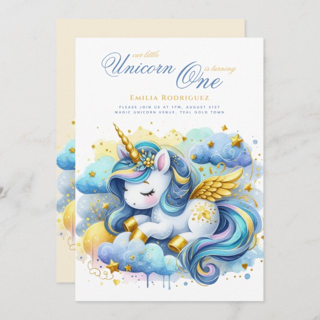 Unicorn 1st Birthday (or EDIT AGE) Teal Gold Invitation (Front/Back)