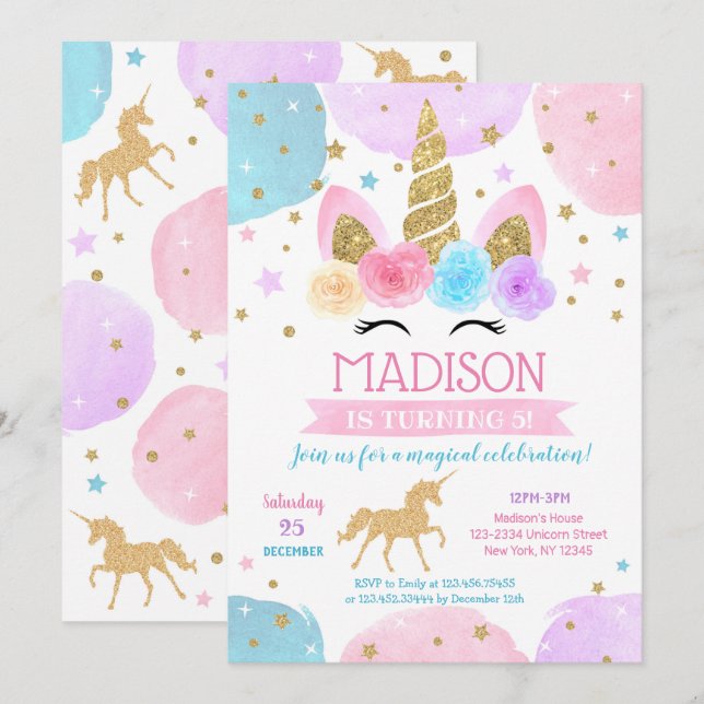 Unicorn 1st Birthday Party Invitations Rainbow (Front/Back)