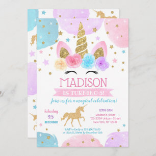 Unicorn 1st Birthday Party Invitations Rainbow