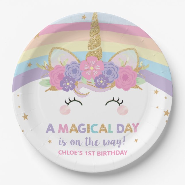 Unicorn 1st Birthday Party Rainbow Cute Paper Plate (Front)
