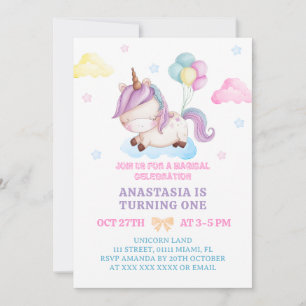 Unicorn 1st Birthday Pastel Colours Invitation
