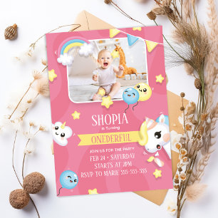 Unicorn 1st Birthday Photo Invitation