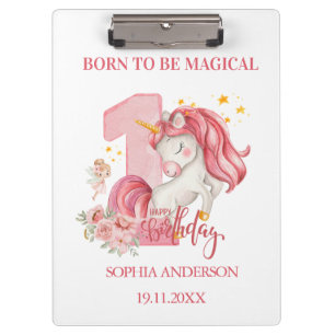 Unicorn 1st Birthday Pink Custom Clipboard