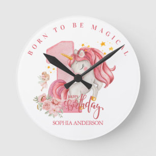 Unicorn 1st Birthday Pink Little Girl  Round Clock