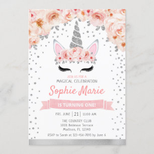 Unicorn 1st Birthday - Silver Pink Invitation