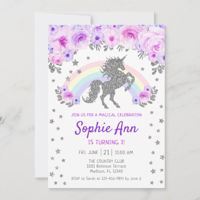 Unicorn 1st Birthday - Silver  Purple Invitation (Front)