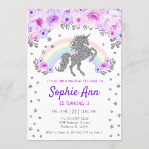 Unicorn 1st Birthday - Silver  Purple Invitation