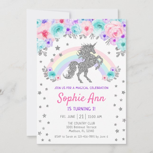 Unicorn 1st Birthday - Silver Teal Purple Pink Invitation (Front)