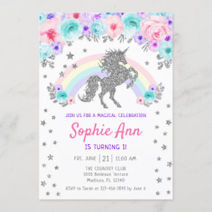 Unicorn 1st Birthday - Silver Teal Purple Pink Invitation