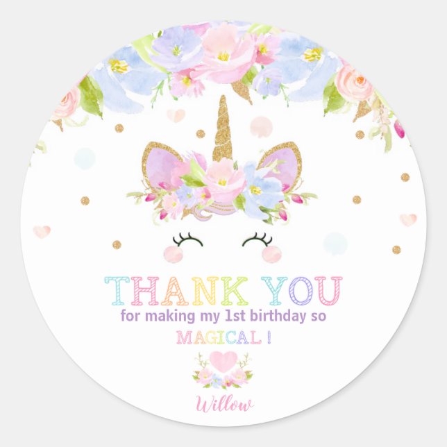 Unicorn 1st Birthday Thank You Favor Sticker Label (Front)