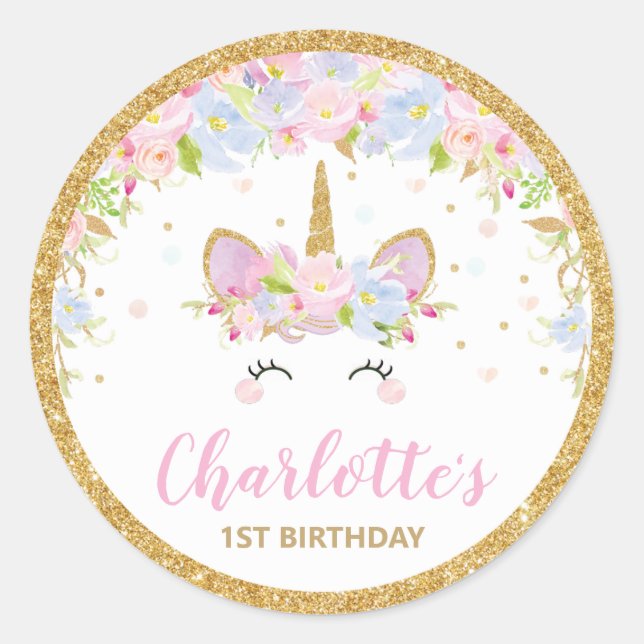 Unicorn 1st Birthday Thank You Favour Sticker Labe (Front)