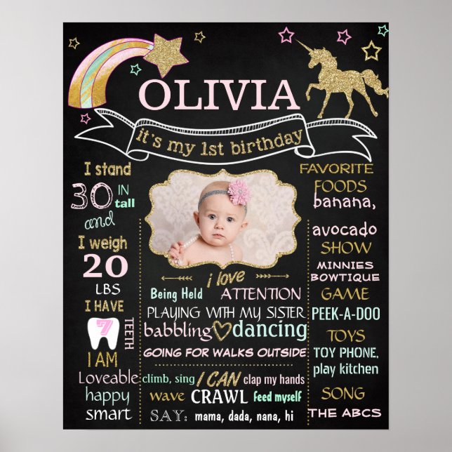 Unicorn 1st First Birthday chalkboard sign poster (Front)