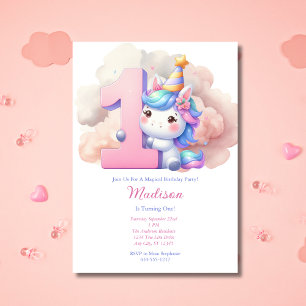 Unicorn 1st First Pink Blue Purple Girl Birthday  Invitation
