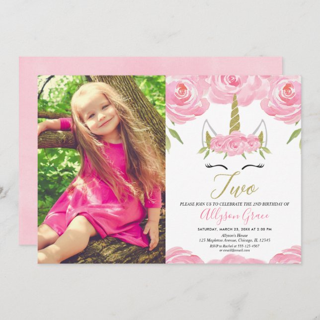 Unicorn 2nd birthday girl pink gold photo invitation (Front/Back)