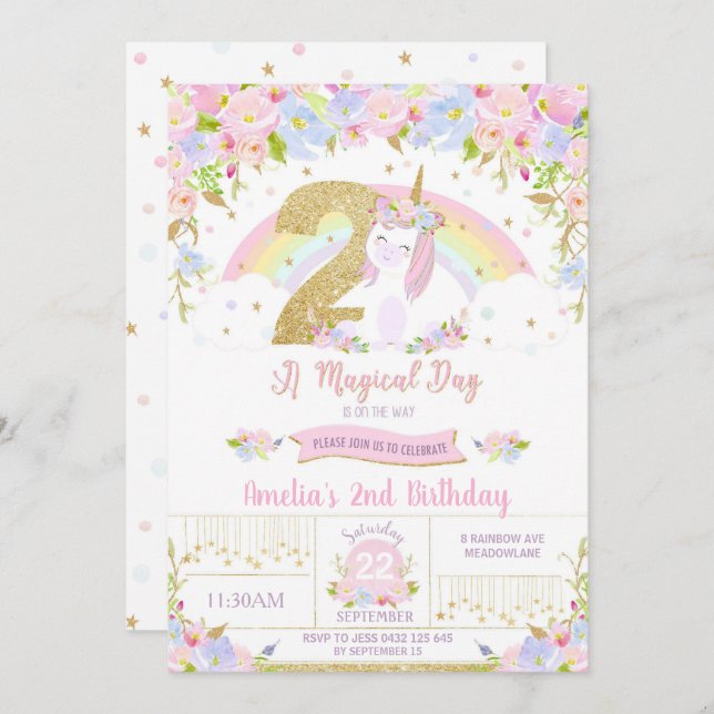 Unicorn 2nd Birthday Invitation Floral Rainbow (Front/Back)