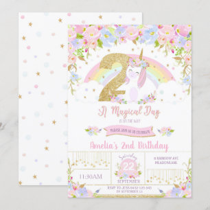 Unicorn 2nd Birthday Invitation Floral Rainbow
