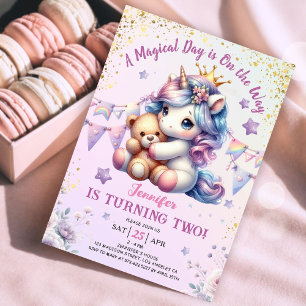 Unicorn 2nd Birthday Invite Girl Pink Gold Cute