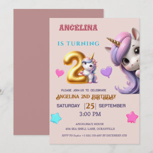 Unicorn 2nd Birthday Invite Girl Purple & Gold