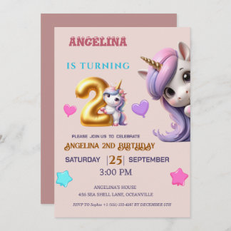 Unicorn 2nd Birthday Invite Girl Purple & Gold