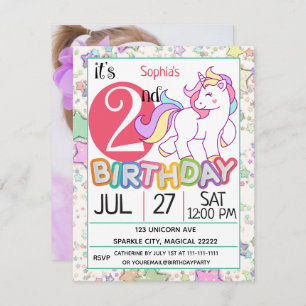 Unicorn 2nd Birthday Party  Invitation
