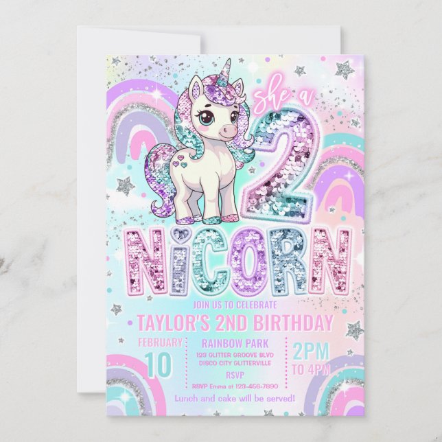 Unicorn 2nd Birthday Two-nicorn Rainbow Glitter Invitation (Front)