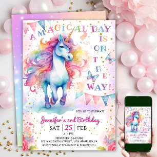 Unicorn 3rd Birthday Fairy Floral Rainbow & Stars Invitation