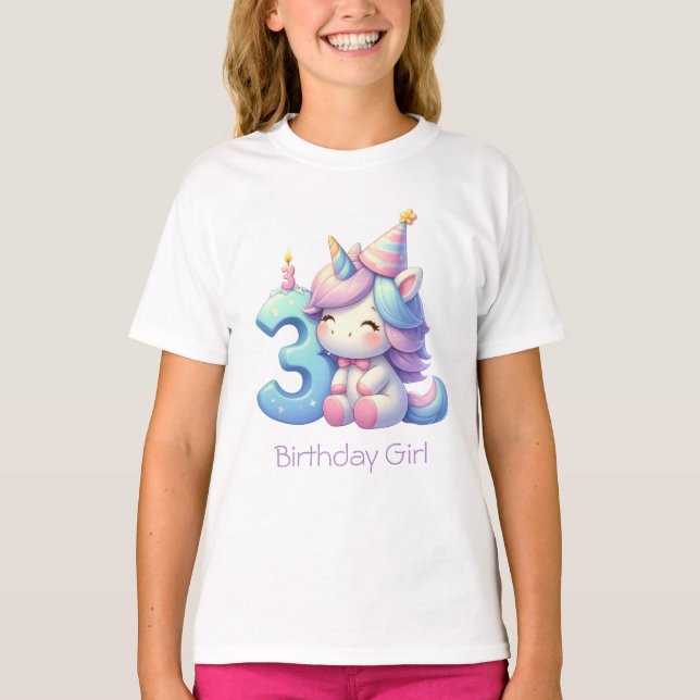 Unicorn 3rd Birthday Girl Pink Purple Blue T-Shirt (Front)