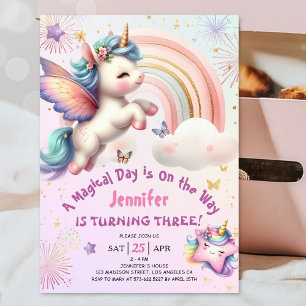Unicorn 3rd Birthday Girl Purple Pink Rainbow Invi Invitation