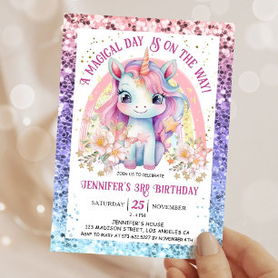 Unicorn 3rd Birthday Gold Glitter Floral Rainbow Invitation