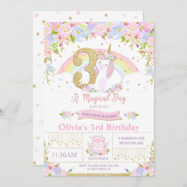 Unicorn 3rd Birthday Invitation Floral Rainbow (Front/Back)