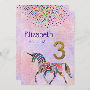 Unicorn 3rd birthday invitation glitter confetti
