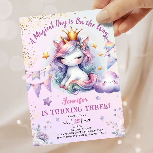 Unicorn 3rd Birthday Invite Girl Pink & Gold (#UnicornBirthdayInvitation #UnicornBirthdayInvitationTemplate #UnicornBirthdayInvitationEditable 
)