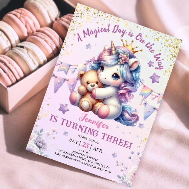 Unicorn 3rd Birthday Invite Girl Pink Gold Cute (#UnicornBirthdayInvitation #UnicornBirthdayInvitationTemplate #UnicornBirthdayInvitationEditable 
)