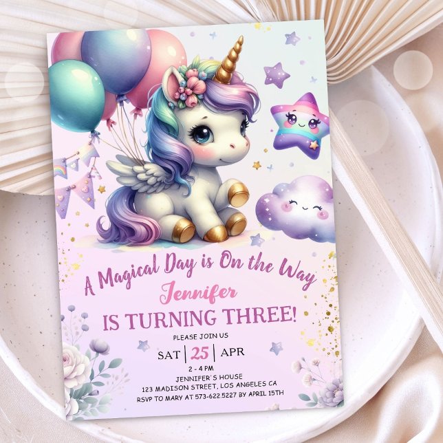 Unicorn 3rd Birthday Invite Girl Purple & Gold (#UnicornBirthdayInvitation #UnicornBirthdayInvitationTemplate #UnicornBirthdayInvitationEditable)