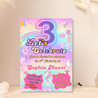 Unicorn 3rd Birthday kids Party Invitations pink