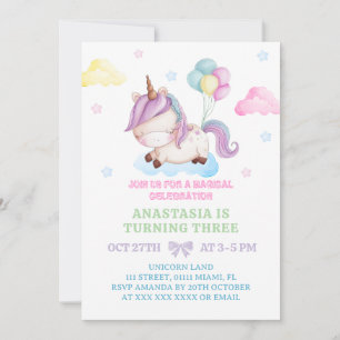 Unicorn 3RD Birthday Magical Party Invitation