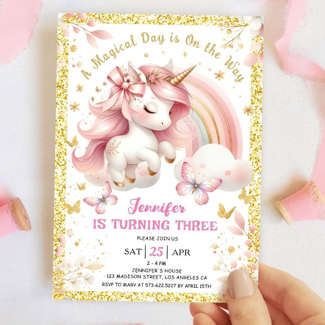 Unicorn 3rd Birthday Party Girl Blush Pink & Gold Invitation (Creator Uploaded)