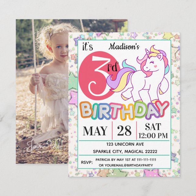 Unicorn 3rd Birthday Party  Invitation (Front/Back)
