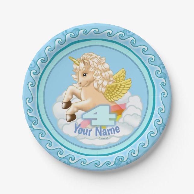 Unicorn  4 Year old Birthday paper plates (Front)