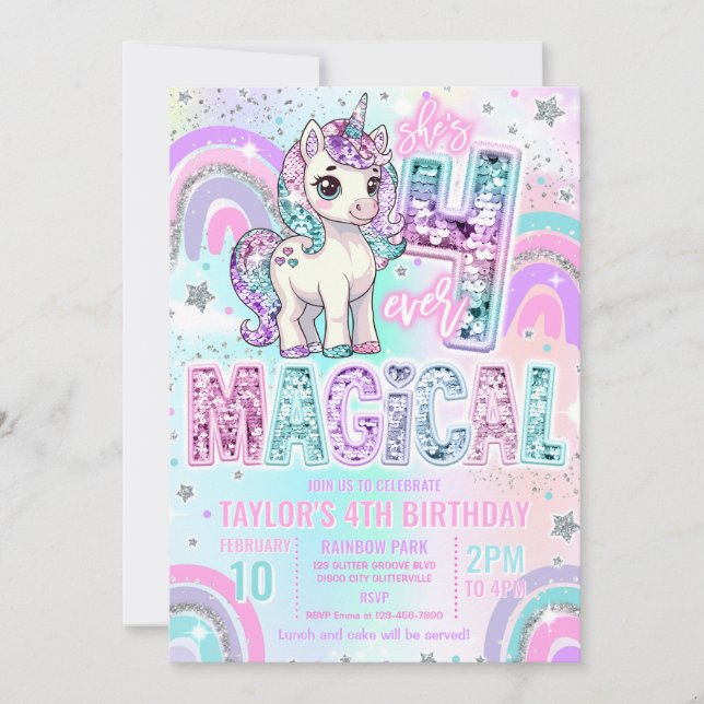 Unicorn 4th Birthday Four Ever Magical Rainbow  Invitation (Front)