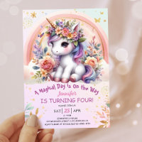 Unicorn 4th Birthday Girl Pink Floral Rainbow