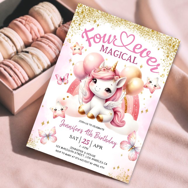 Unicorn 4th Birthday Girl Pink Gold Rainbow Invitation (
#UnicornBirthdayInvitation #UnicornBirthdayInvitationTemplate #UnicornBirthdayInvitationEditable )