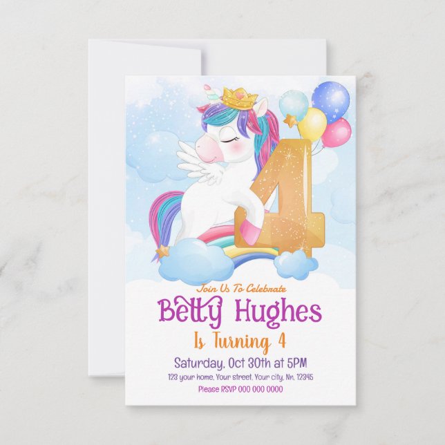 Unicorn 4th Birthday Invitation (Front)