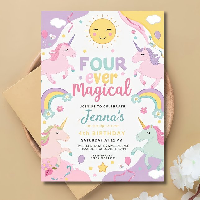 Unicorn 4th Birthday Invitation Editable Rainbow 4 (Creator Uploaded)